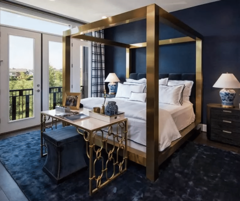 large-king-sixed-gold-canopy-bed-navy-blue-accent-wall